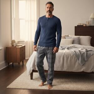 Wrights Blue Thermal Shirt Long Sleeve Waffle Knit Medium